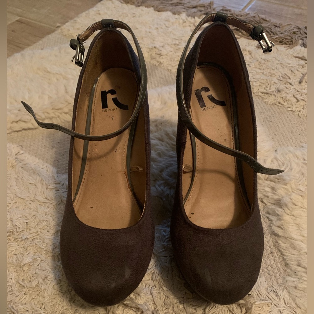 Grey suede 4" heels. Black heel. Only worn a few times. Few scuffs on the toes
